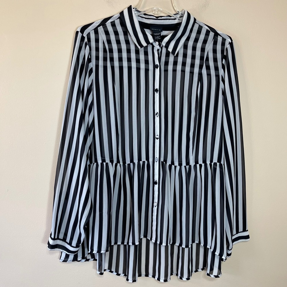 Torrid Black White Striped Sheer Chiffon Peplum High Low Blouse Womens 3 3X